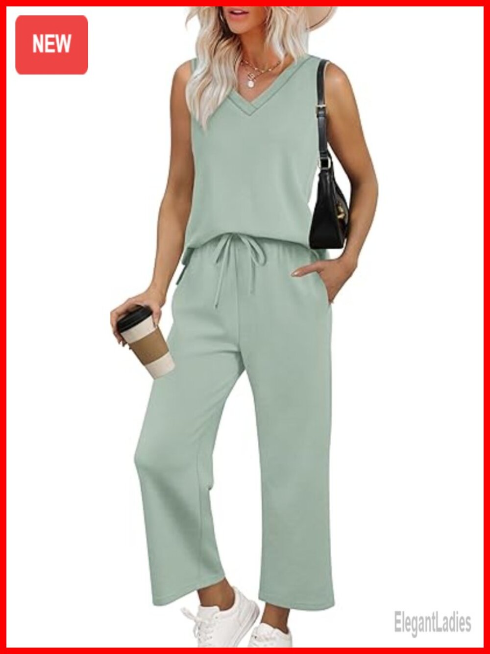 V Neck Lounge Matching Sets Two Piece Lounge Set Wide Leg Pants Sleeveless Tank